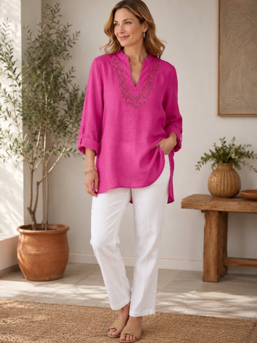Style&Co 100% Linen Beaded Split‎ V Neck Long Slv Blouse Beach Vacation 10